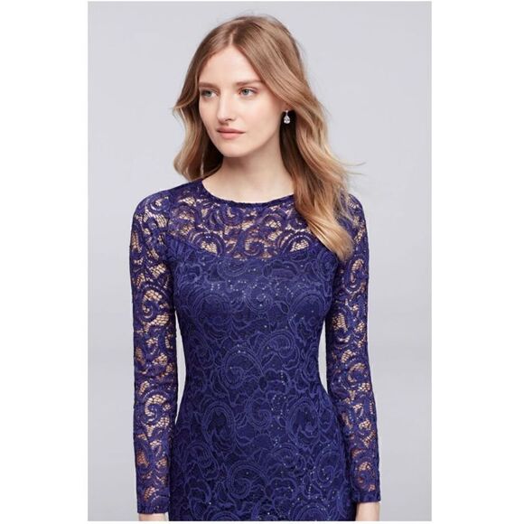 Marina Long Sleeve Illusion Neckline Sequined Lace Dress in Cobalt Blue - Picture 12 of 14